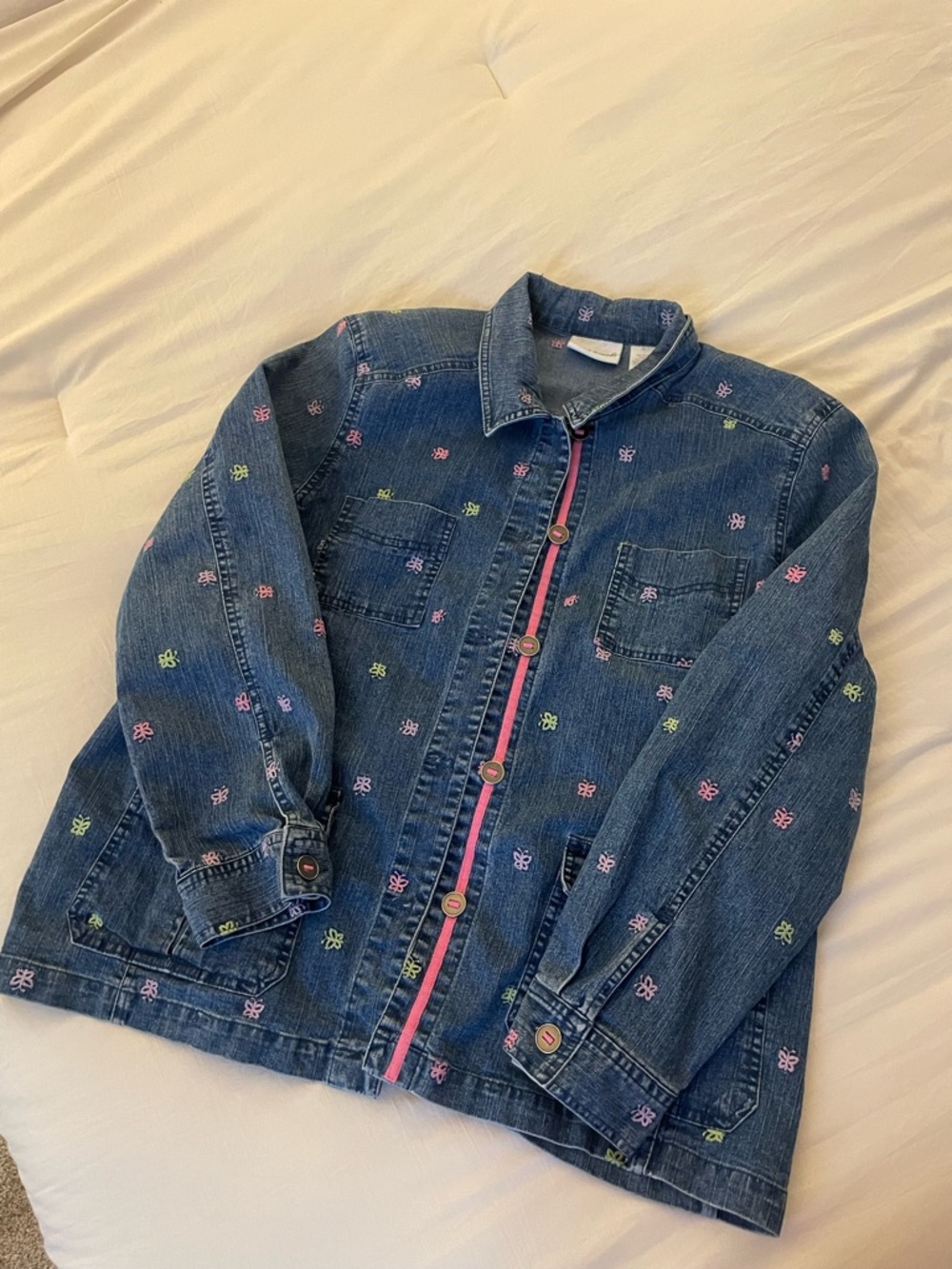 Denim Jacket with Pink Trim and Multicolor Butterfly Embroidery